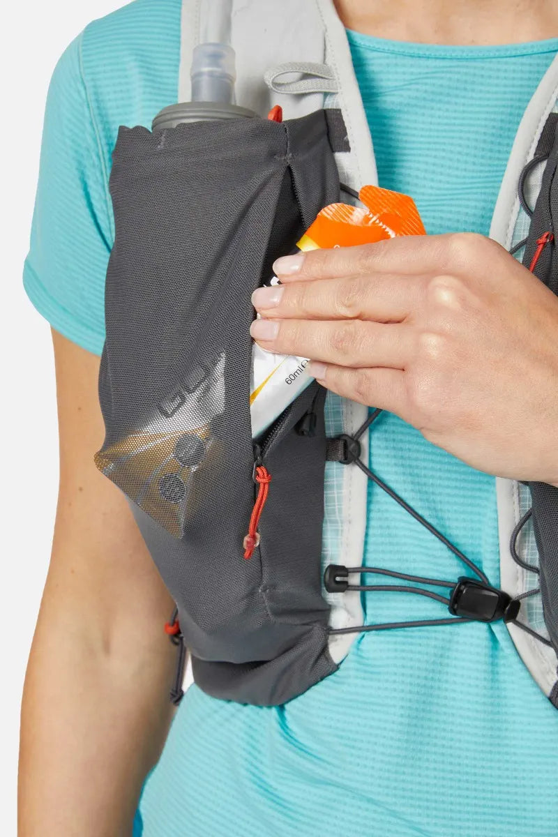 Rab Veil 6L Lightweight Running Vest in Gargoyle/Graphene - Front Flask Pocket Access
