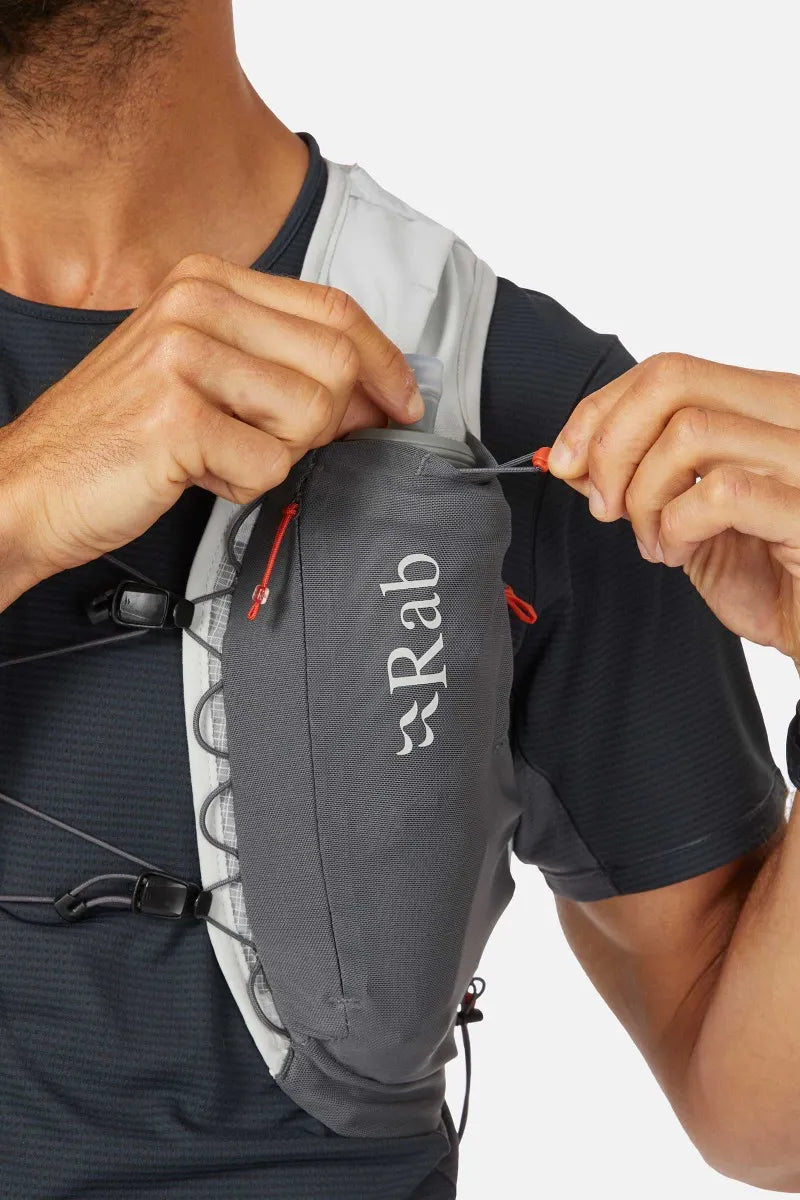 Rab Veil 6L Lightweight Running Vest in Gargoyle/Graphene - Front Zip Pocket Access Female