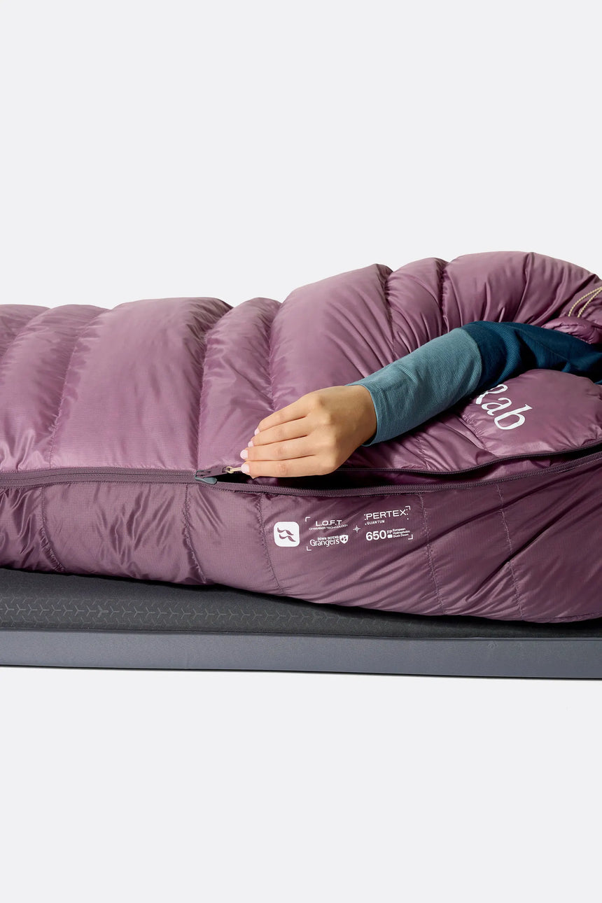 Rab Women's Alpine Down Sleeping Bag (-6°C/21F) in Iris/Dark Iris - Model Lying Flat