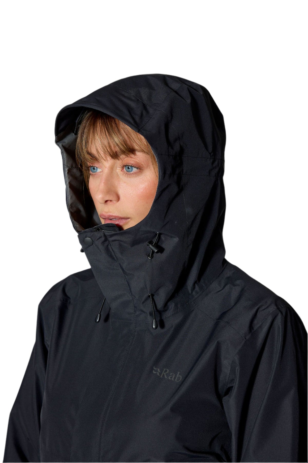 Rab Women's Downpour Waterproof Jacket in Black - hood detail, worn, close