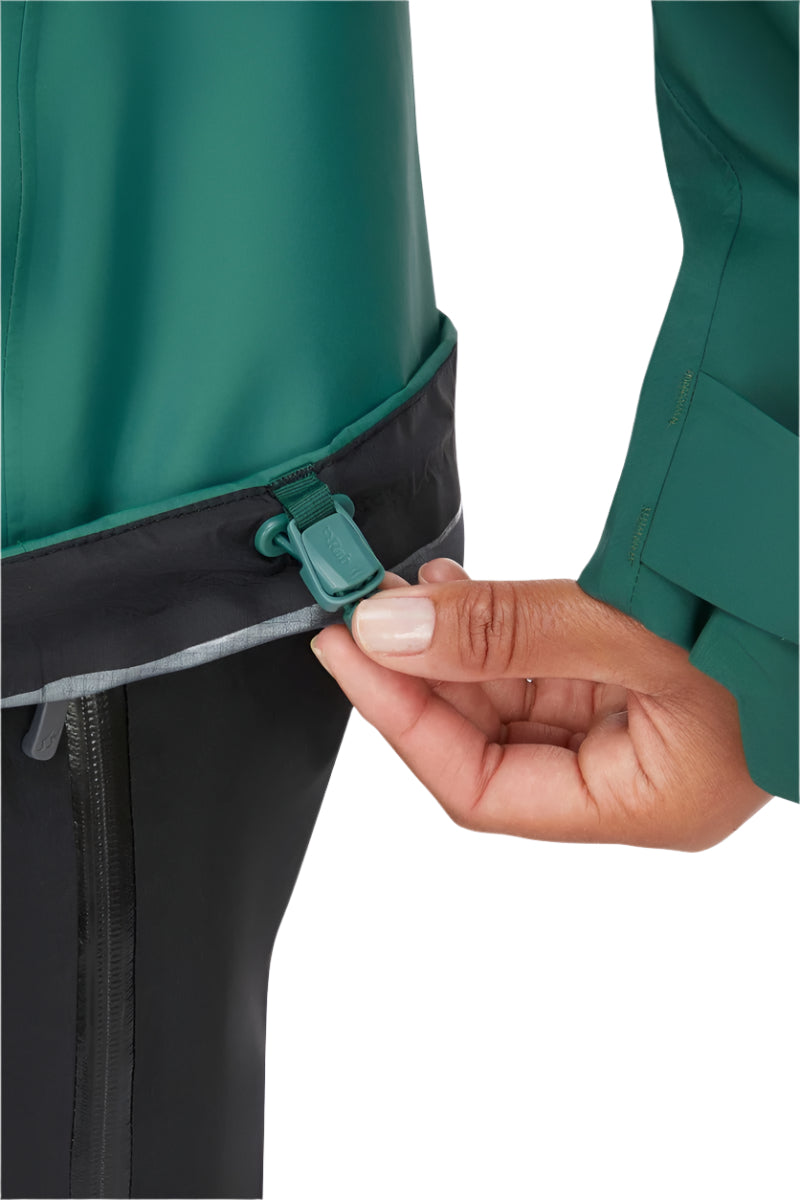 Rab Women's Latok Mountain GORE-TEX Pro Jacket in Greenslate/Eucalyptus - hem adjustment detail