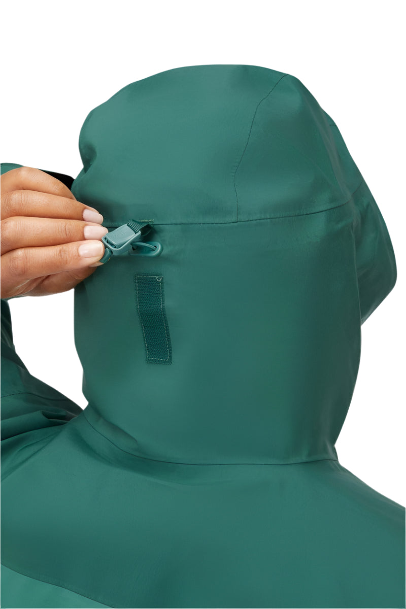 Rab Women's Latok Mountain GORE-TEX Pro Jacket in Greenslate/Eucalyptus - worn, hood adjustment