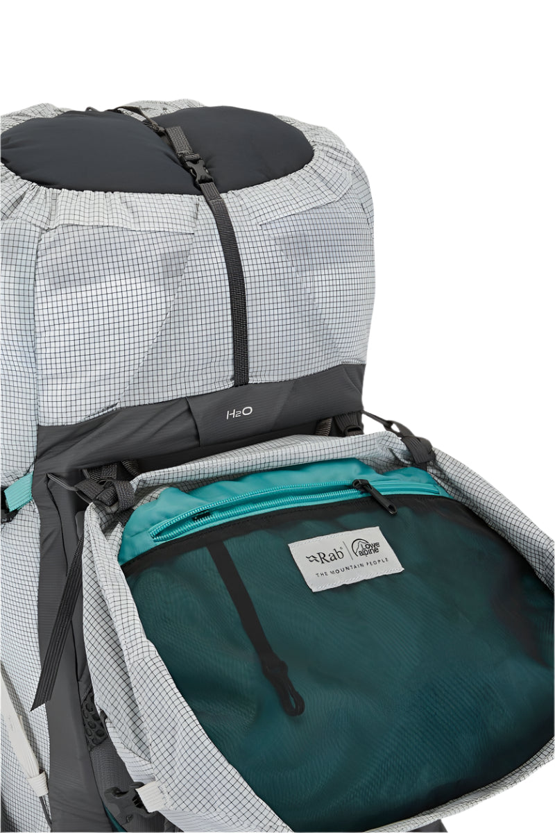 Rab Women's Muon ND50L Hiking Pack in Pewter/Graphene - Lid Open