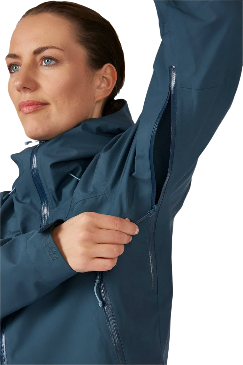 Rab Women's Namche GORE-TEX Jacket in Orion Blue - pit zip detail, worn