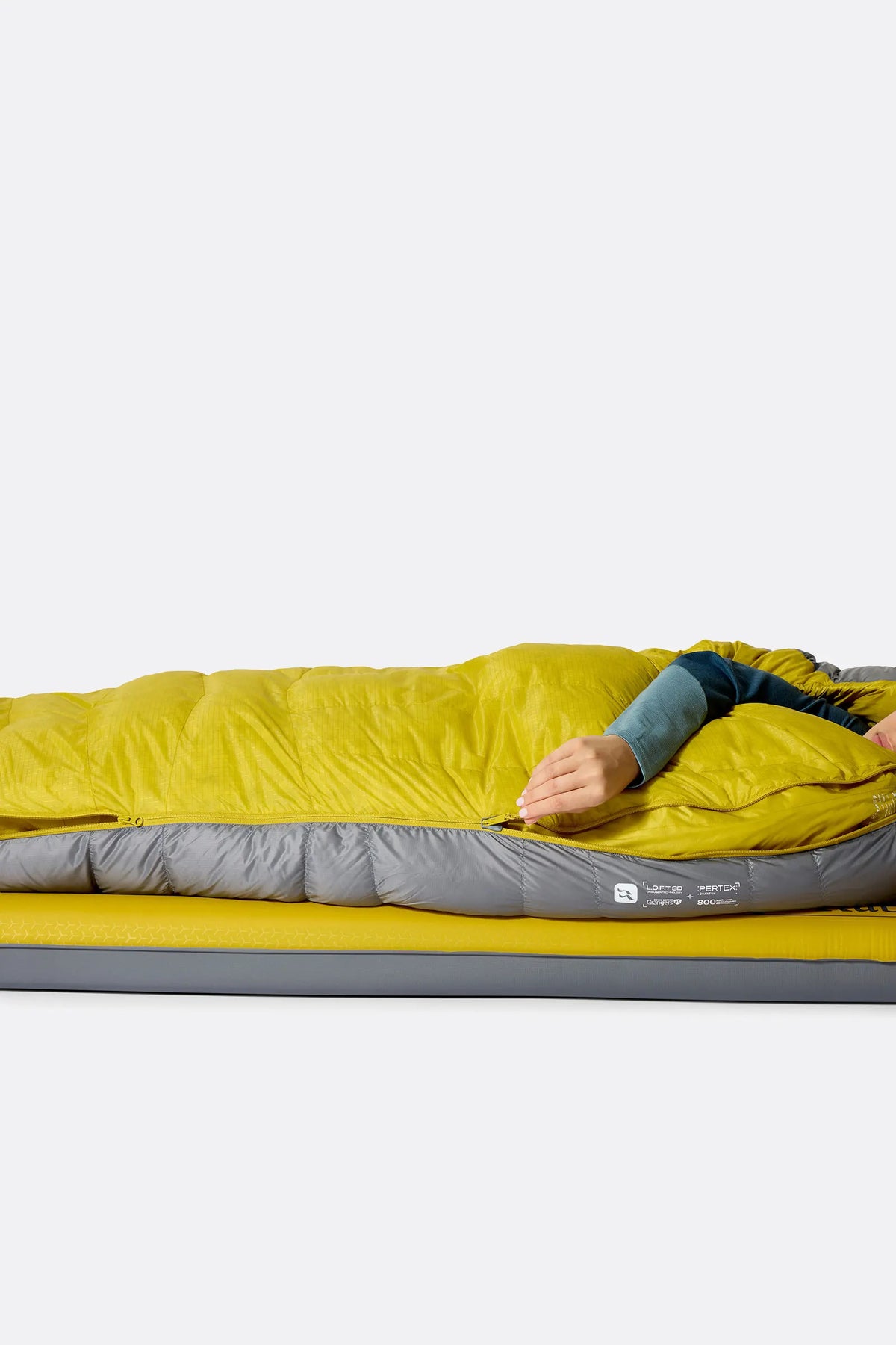 Rab Women's Neutrino Down Sleeping Bag in Zinc/Dark Pollen - worn side open