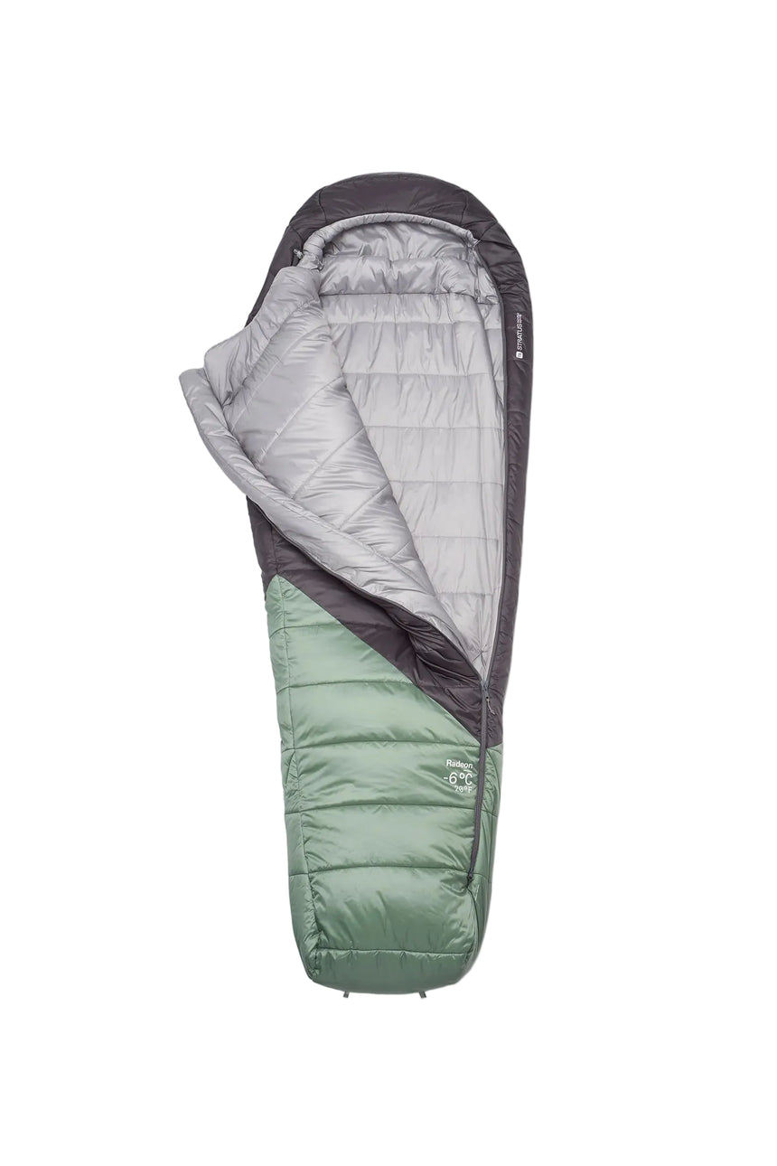 Rab Women's Radeon Synthetic Sleeping Bag (-6°C/20F) in Dark Fig Green/Graphene - unzipped, open