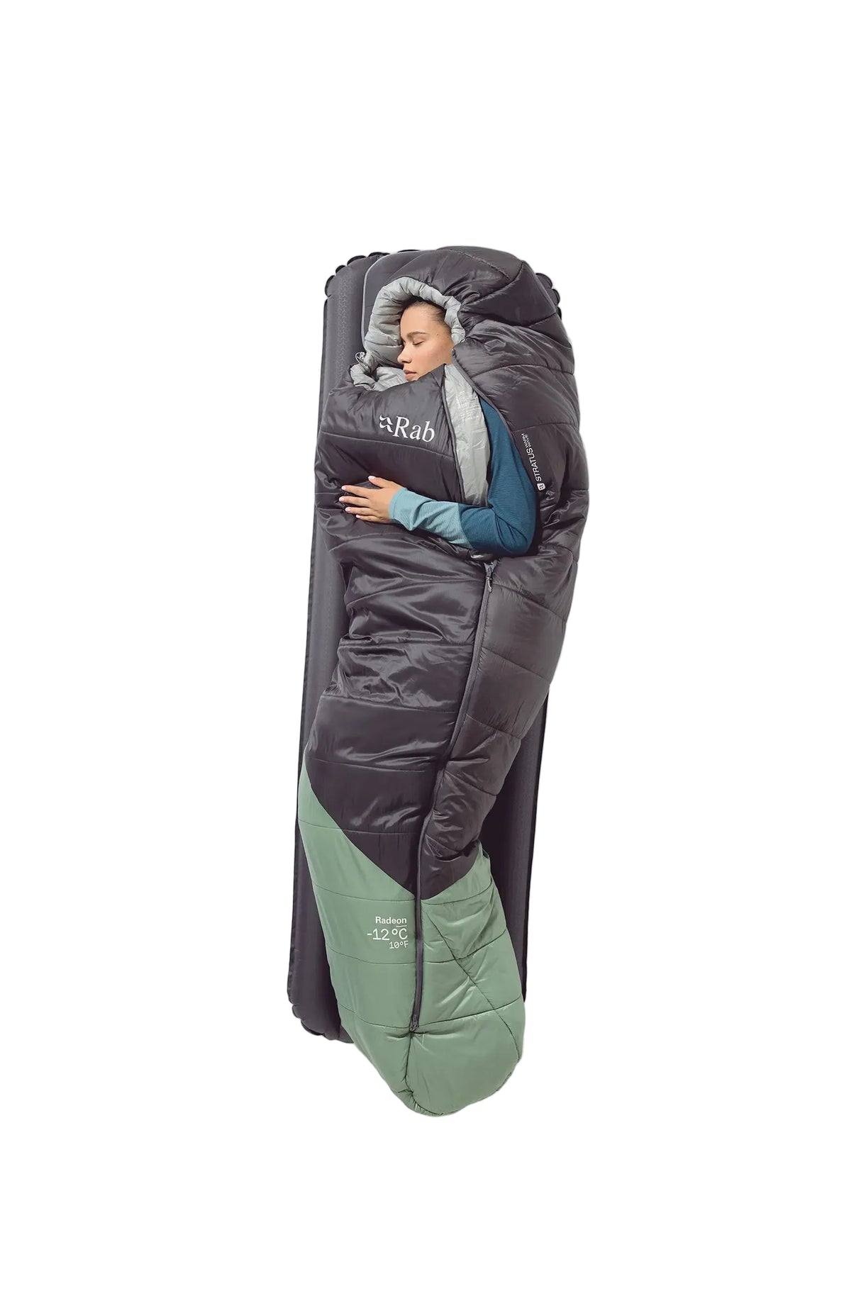 Rab Women's Radeon Synthetic Sleeping Bag (-6°C/20F) in Dark Fig Green/Graphene - worn, lying flat