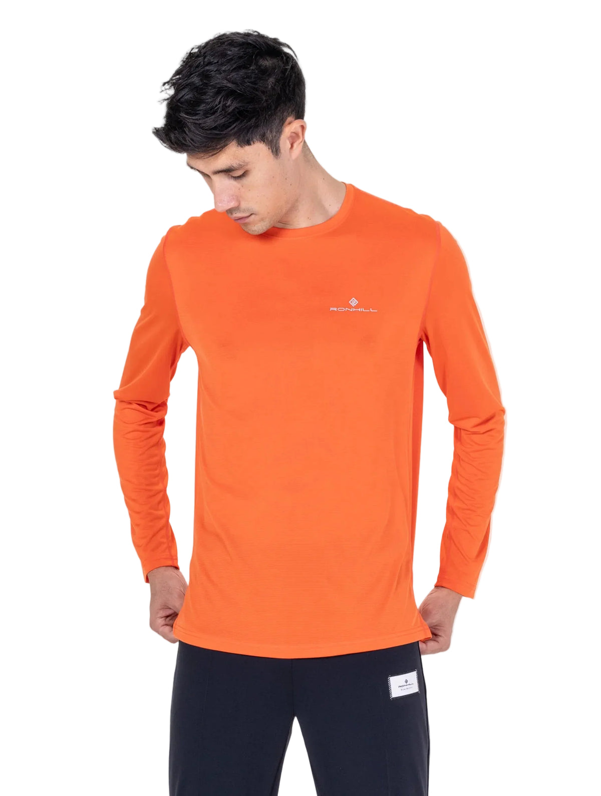 Ronhill Men's Core L/S Tee in Ronhill Red - worn, front