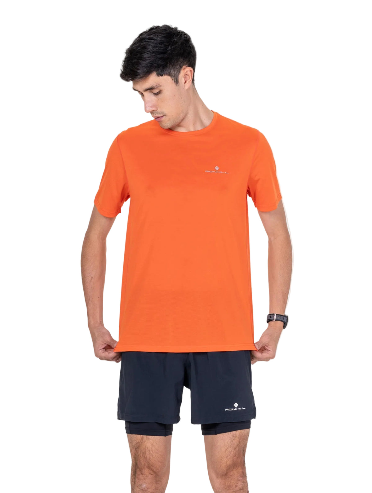 Ronhill Men's Core S/S Tee in Ronhill Red - worn, front, close crop