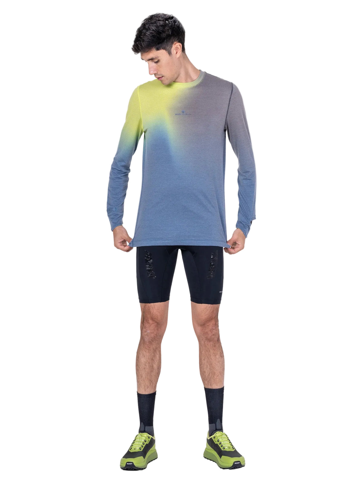 Ronhill Men's Tech Golden Hour L/S Tee in Glacier Merge - worn, front