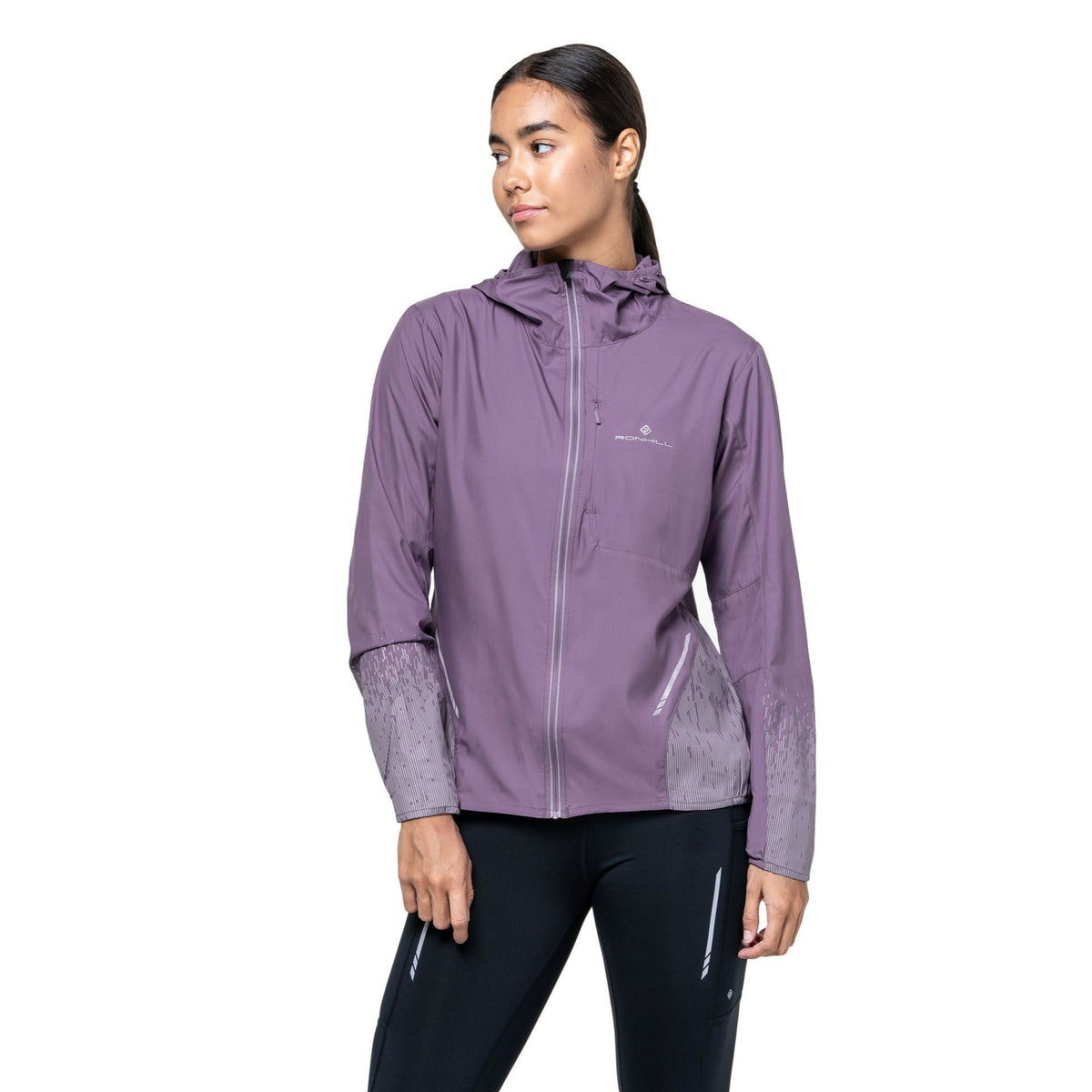 Ronhill Women's Tech Reflect Jacket in Dark Iris/Reflect - worn, front, close-up
