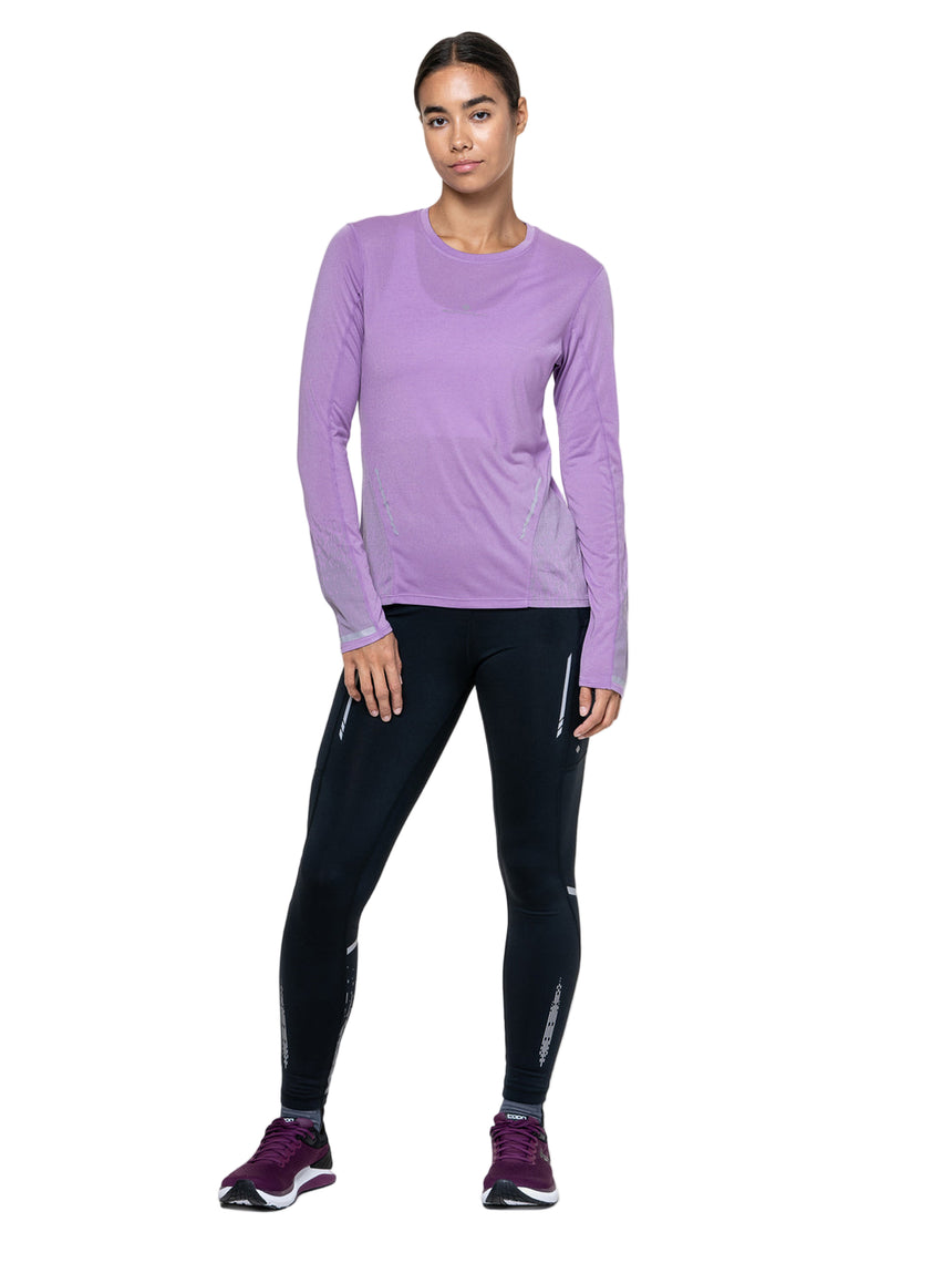 Ronhill Women's Tech Reflect L/S Tee in Iris Marl/Reflect - worn, front