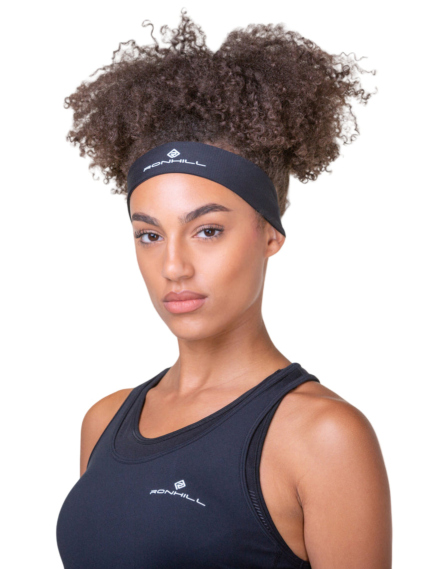Ronhill Lightweight Headband Outdoor Action All Black- Front Fit on Model