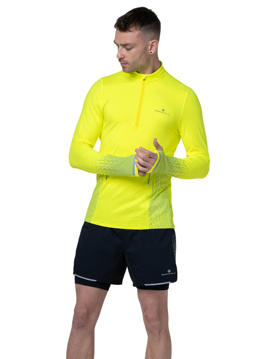 Ronhill Mens Tech Reflect 1/2 Zip Outdoor Action Fluo Yellow/Reflect- Thumb Loops