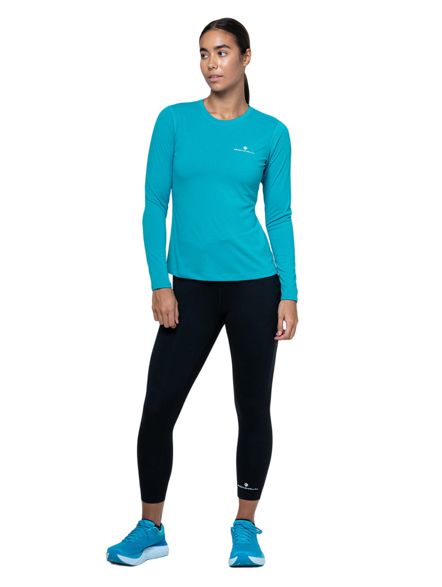 Ronhill Women's Core L/S Tee Outdoor Action Azure/Bright White- Front Fit on Model