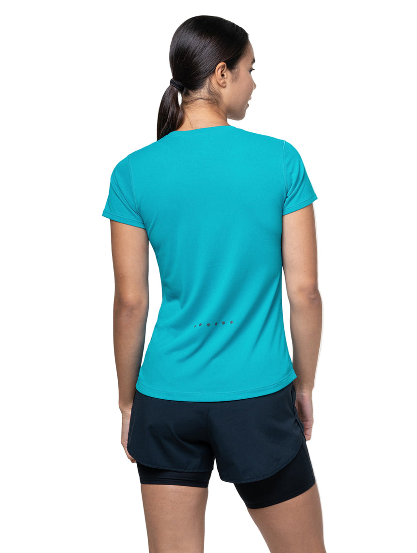 Ronhill Women's Core S/S Tee Outdoor Action Azure/Bright White- Back Fit on Model