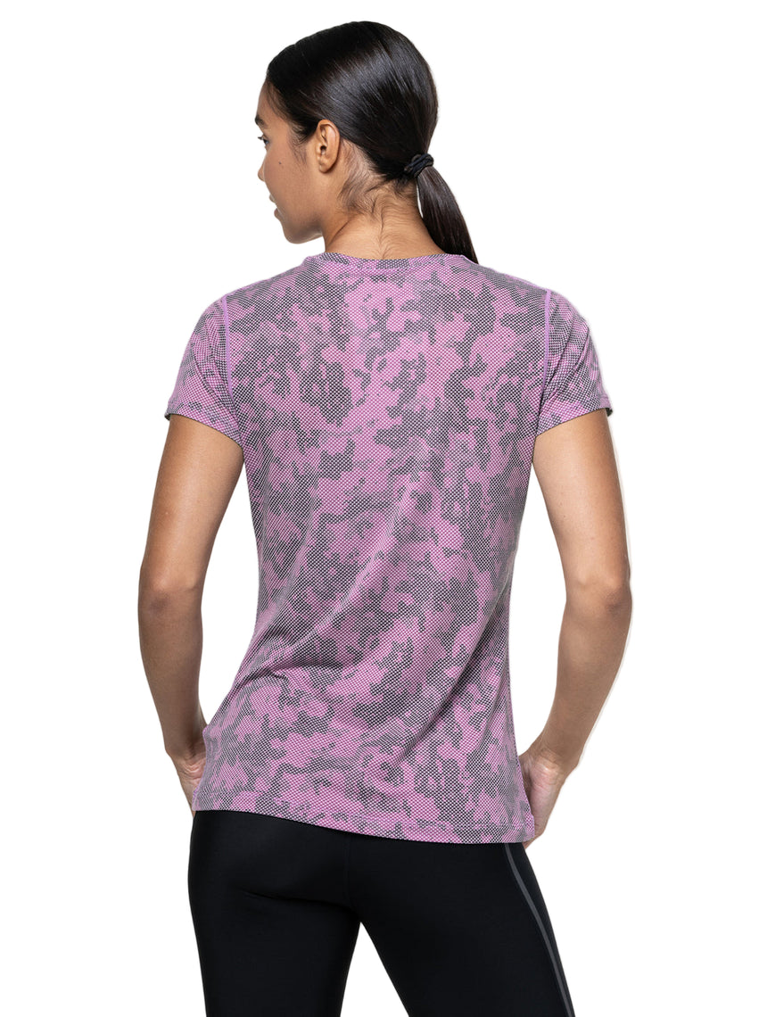 Ronhill Women's Tech Golden Hour S/S Tee Outdoor Action Iris Pixel- Back Fit on Model