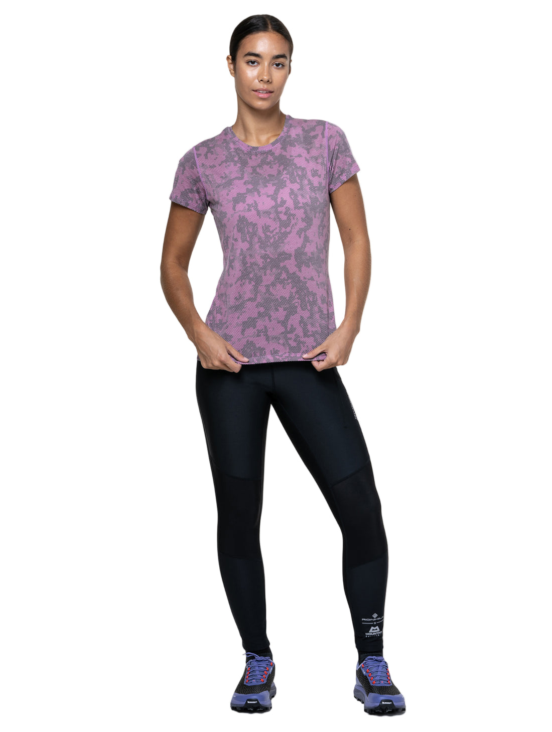Ronhill Women's Tech Golden Hour S/S Tee Outdoor Action Iris Pixel - Front Fit on Model