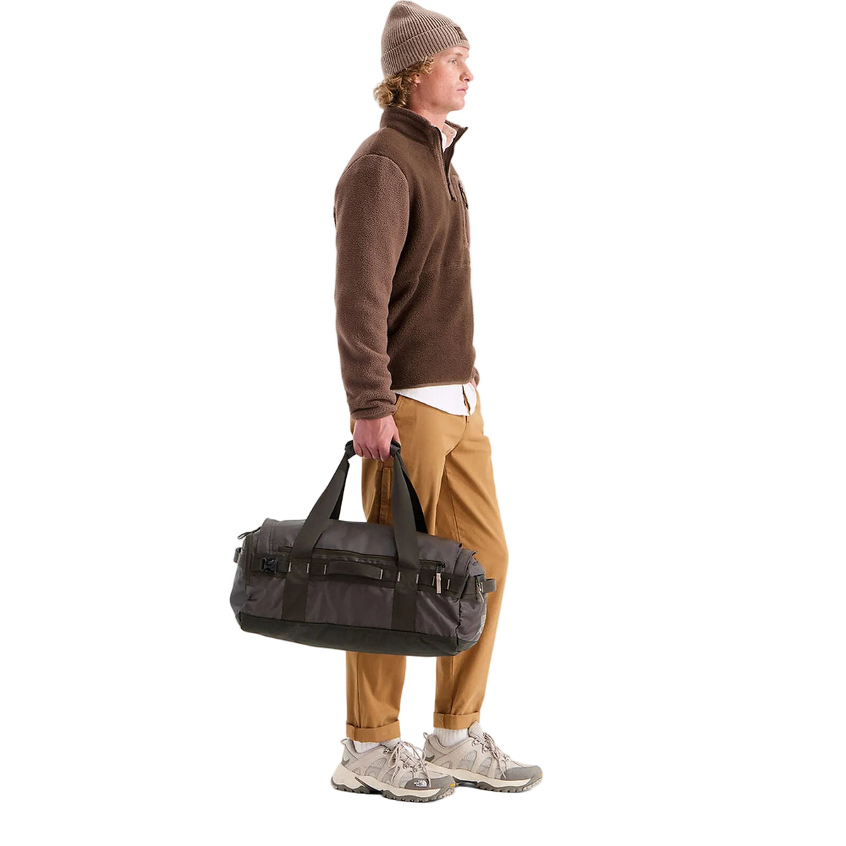 The North Face Base Camp Voyager Duffel 42L in Dark Chestnut/Garnet - worn