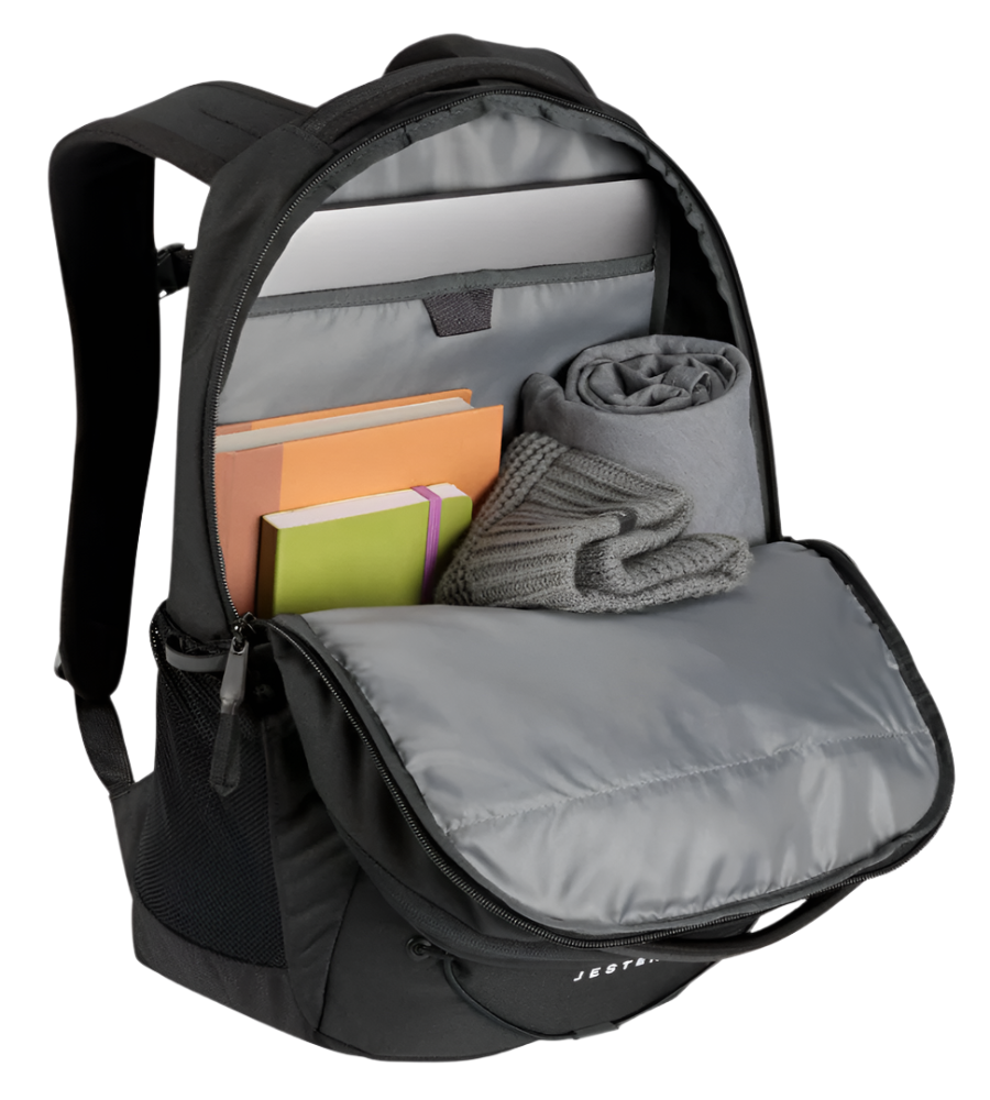The North Face 28L Jester Backpack Black - top view with dual webbing handles and main compartment opening