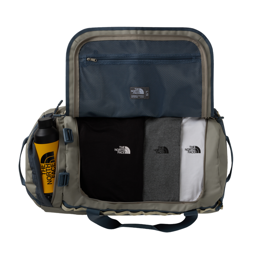 The North Face Base Camp Duffel Large Stone Slab/Gran - top view showing D-zip opening and compression straps