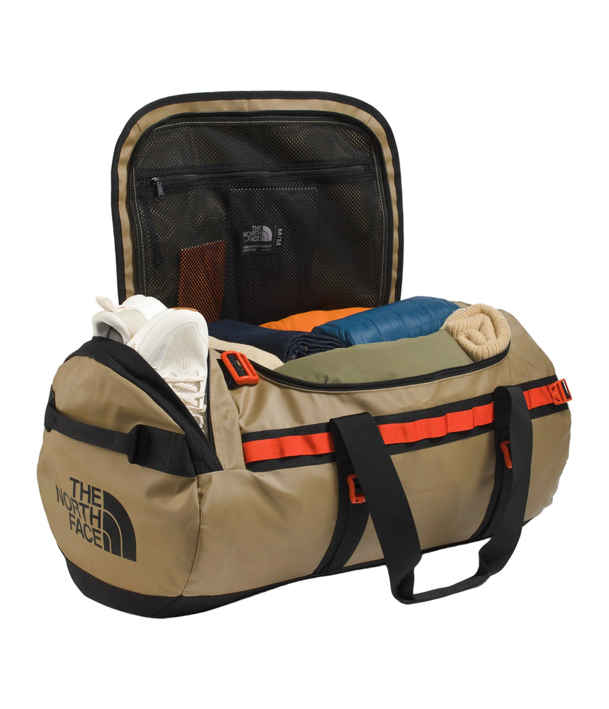 The North Face Base Camp Duffel Medium Cedar/TNF Black - end-cap zippered compartment detail for wet clothes and gear separation