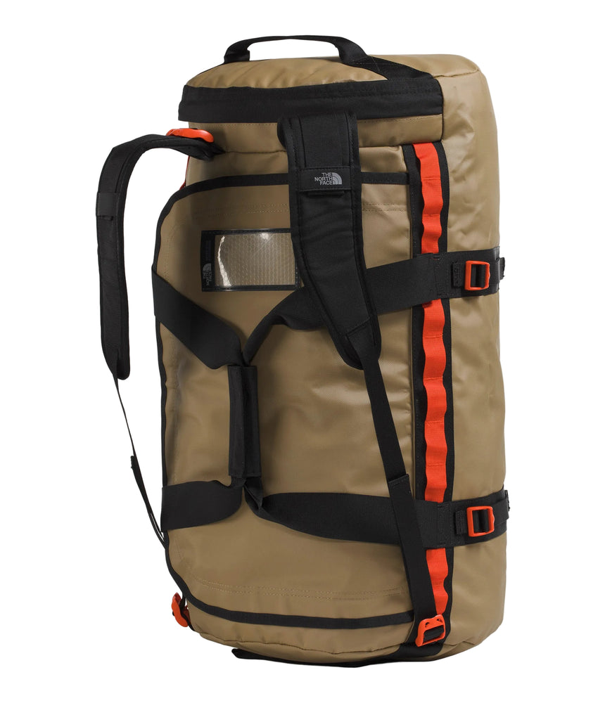 The North Face Base Camp Duffel Medium Cedar/TNF Black - top view showing D-zip opening and compression straps