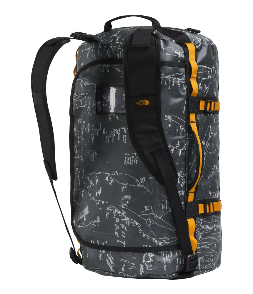 The North Face Base Camp Duffel Small 50L Anthracite Grey - top view showing D-zip opening and compression straps