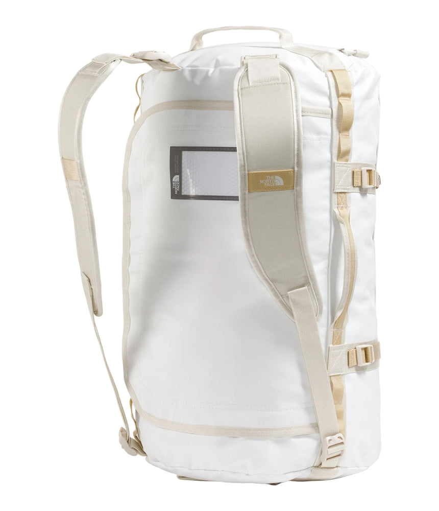 The North Face Base Camp Duffel Small 50L White Ash/Calac - top view showing D-zip opening and compression straps