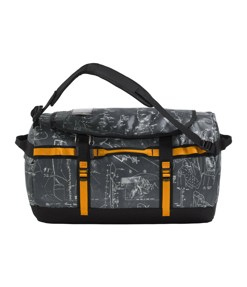 The North Face Base Camp Duffel Small 50L in Anthracite Grey - front view showing water-resistant recycled fabric construction