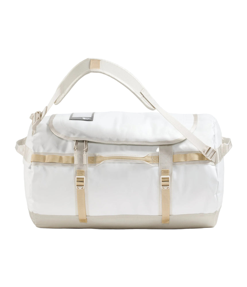 The North Face Base Camp Duffel Small 50L in White Ash/Calac - front view showing water-resistant recycled fabric construction