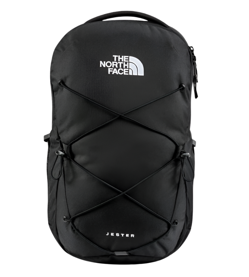 The North Face Jester 28L Backpack Black - side view with external water bottle pockets and reflective details