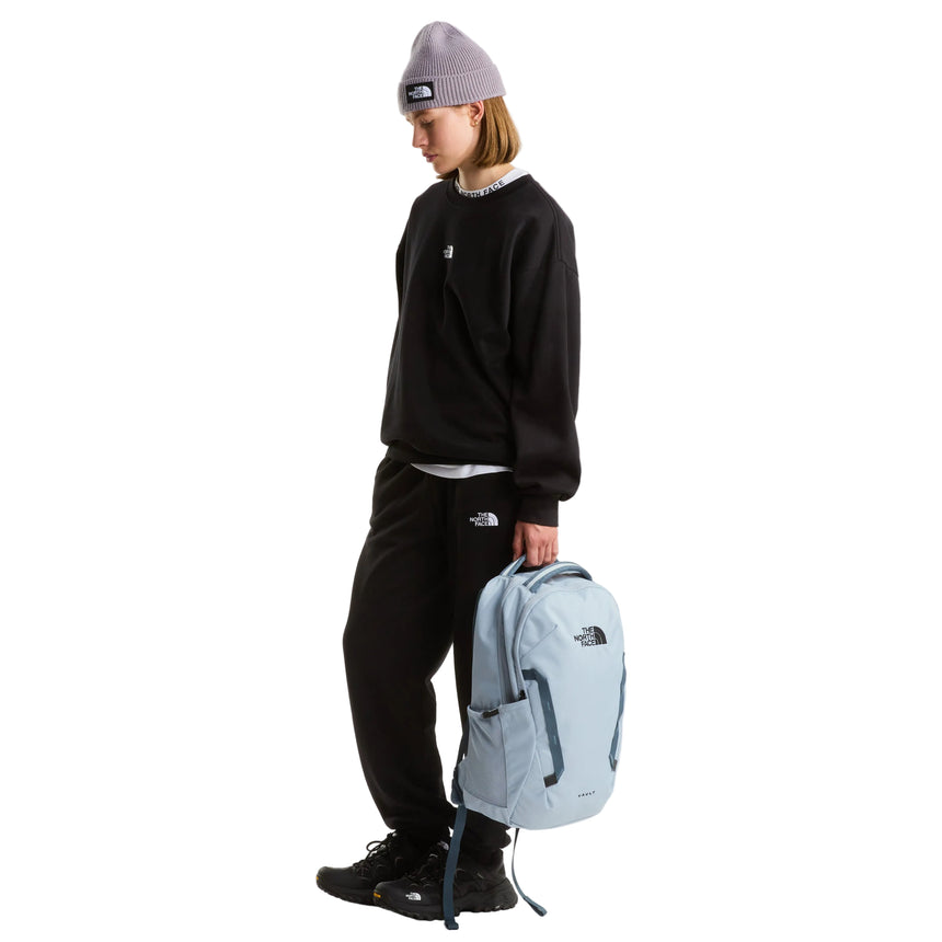 The North Face Vault Backpack Frost Grey/Gran - lifestyle shot showing school and campus-ready design with 770g weight