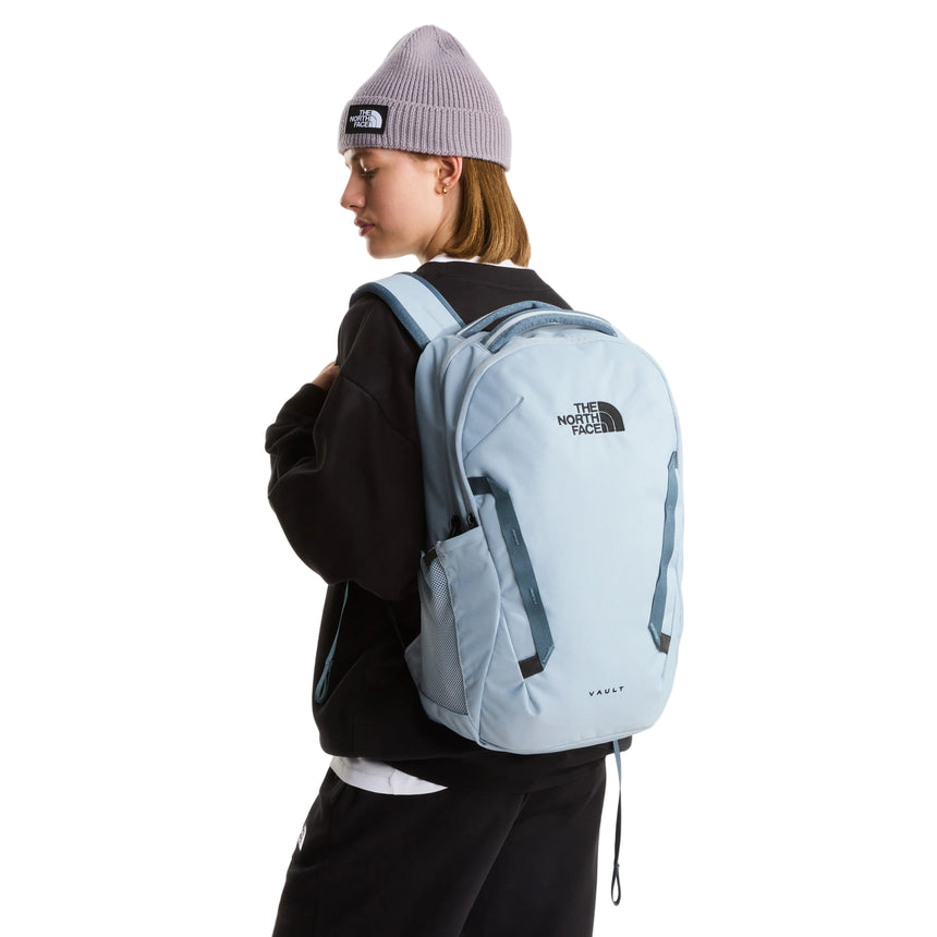 The North Face Vault Backpack Frost Grey/Gran - side profile showing mesh pockets and reflective safety features