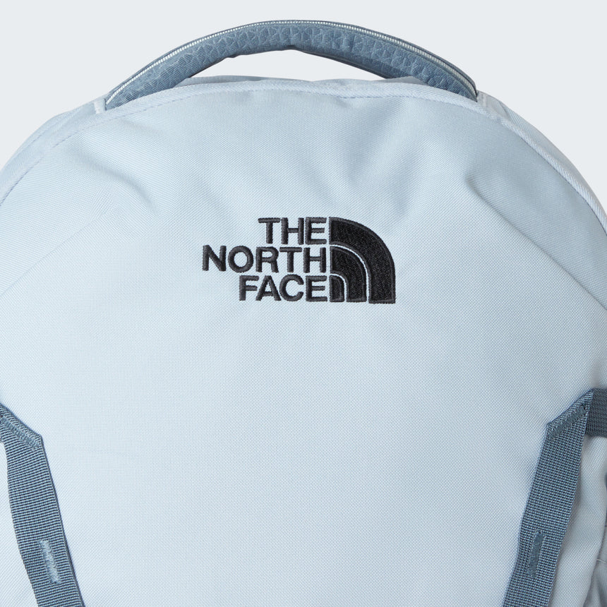 The North Face Vault Backpack Frost Grey/Gran - top view demonstrating stand-alone structure and easy access