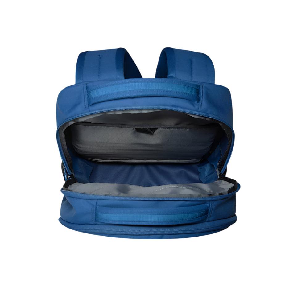 The North Face Vault Backpack Shady Blue/White - front compartment open showing padded tablet sleeve and organized storage pockets