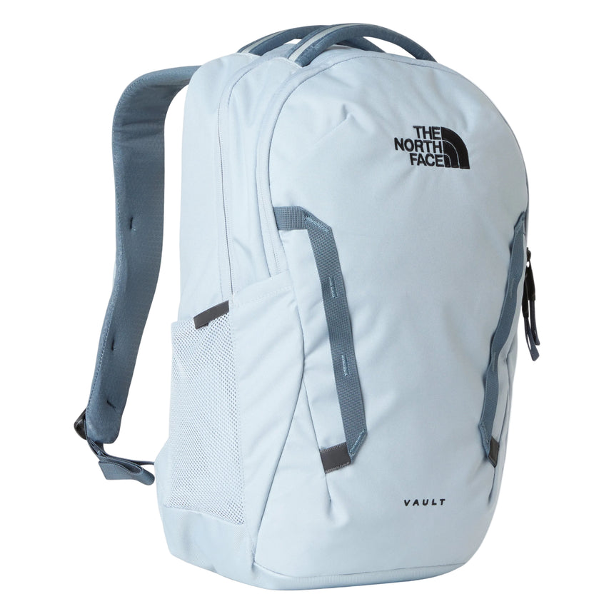 The North Face Vault Backpack in Frost Grey/Gran - front view with FlexVent suspension and dual top handles