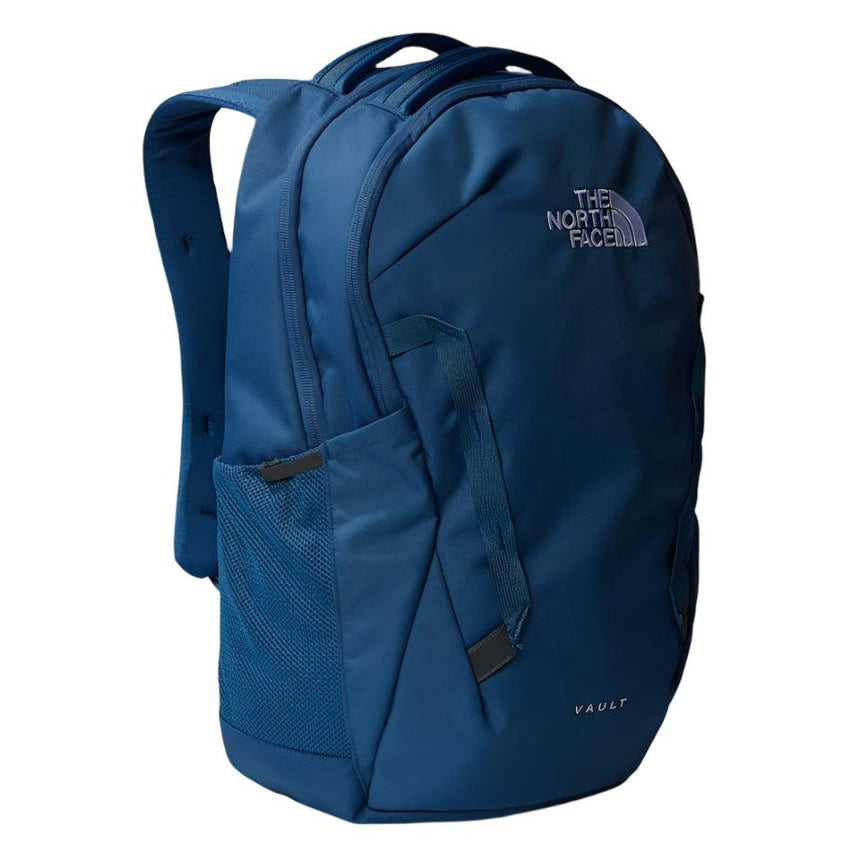 The North Face Vault Backpack in Shady Blue/White - front view showing FlexVent suspension system and dual webbing handles