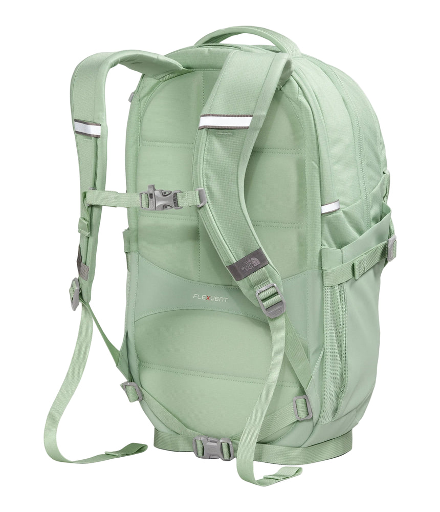 The North Face Women's Recon Backpack Misty Sage Dark - back panel view showing ACA-certified articulated shoulder straps and rounded back panel