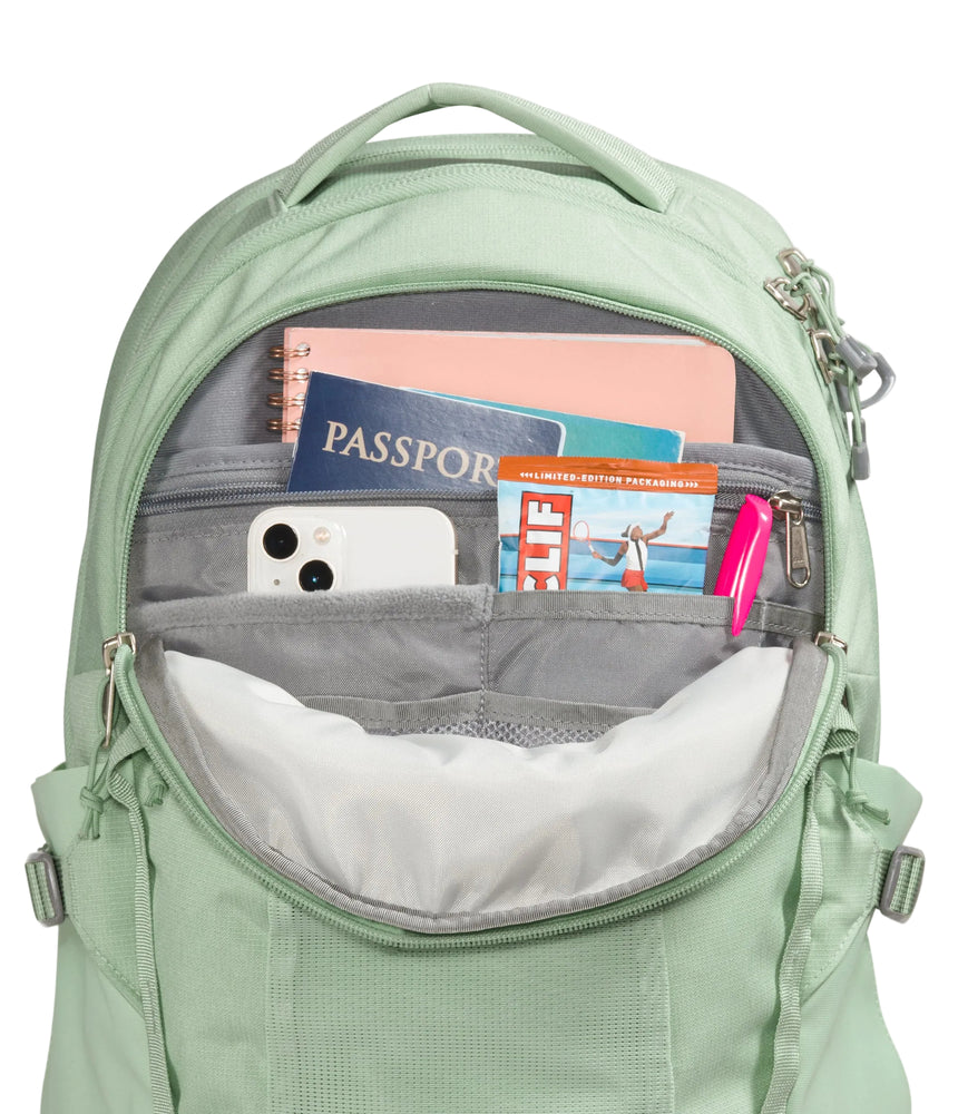 The North Face Women's Recon Backpack Misty Sage Dark - main compartment with 45.7cm x 26.9cm laptop sleeve and large storage for books and binders