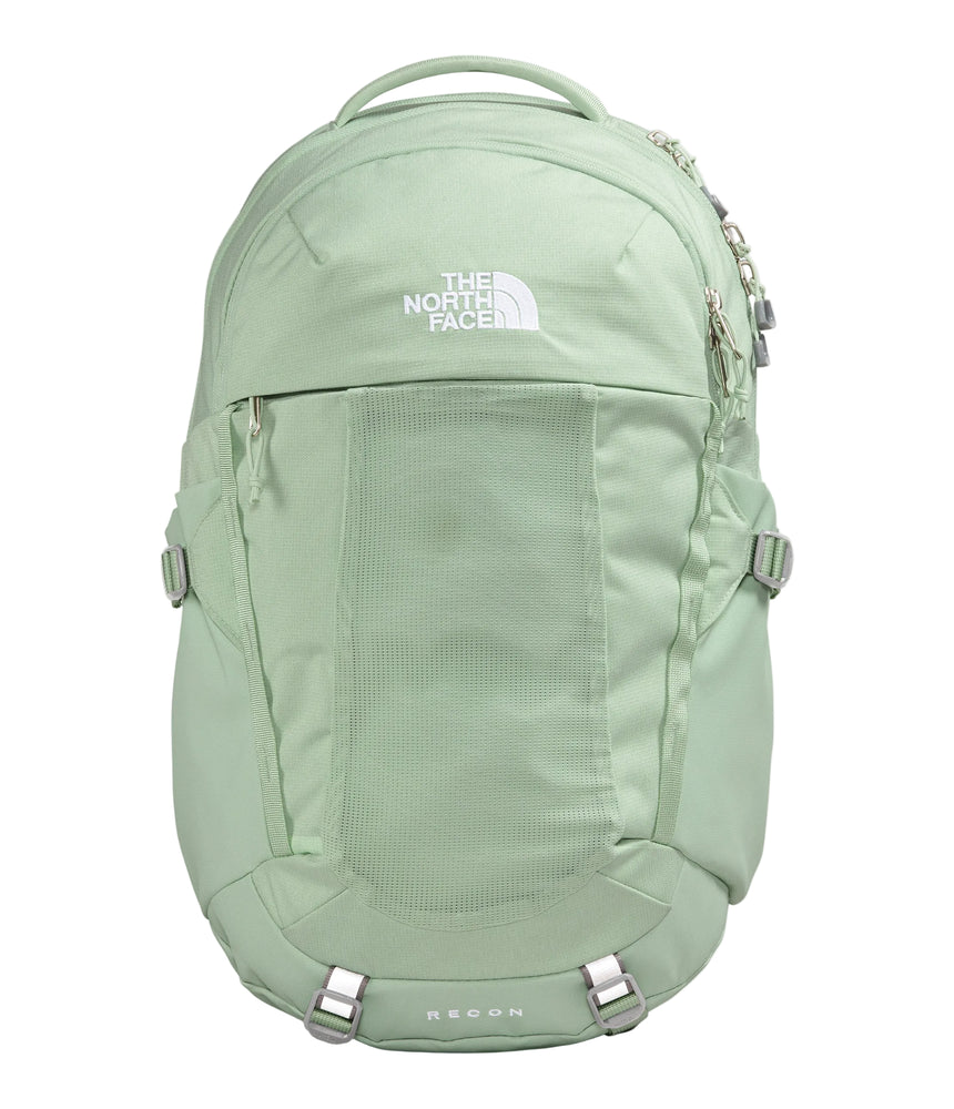The North Face Women's Recon Backpack in Misty Sage Dark - front view showing women-specific FlexVent suspension system and 360-degree reflectivity