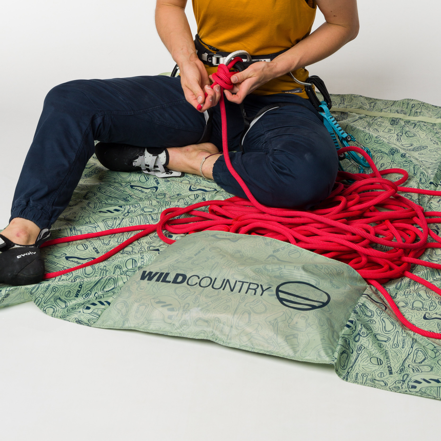 Wild Country Climbing Rope Tarp With Model Connecting Rope to Belt