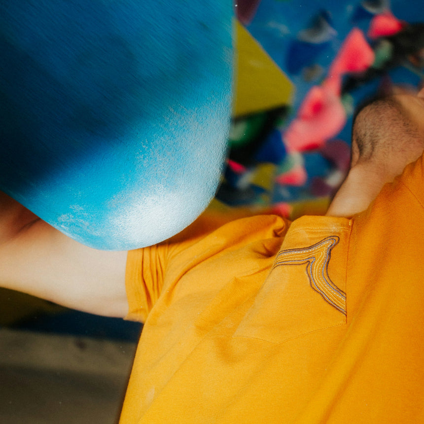 Wild Country Climbing Session Men's T-Shirt Joshua Brown - Model Close Up on Rock Climbing Wall