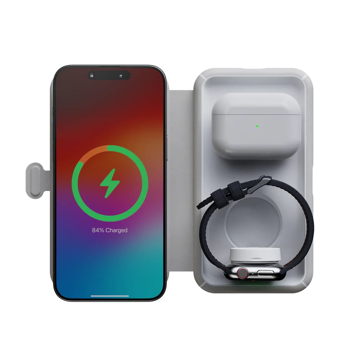 Xtorm Foldable Wireless Travel Charger 3-in-1 - Phone, Watch & Earphones Connected Top View