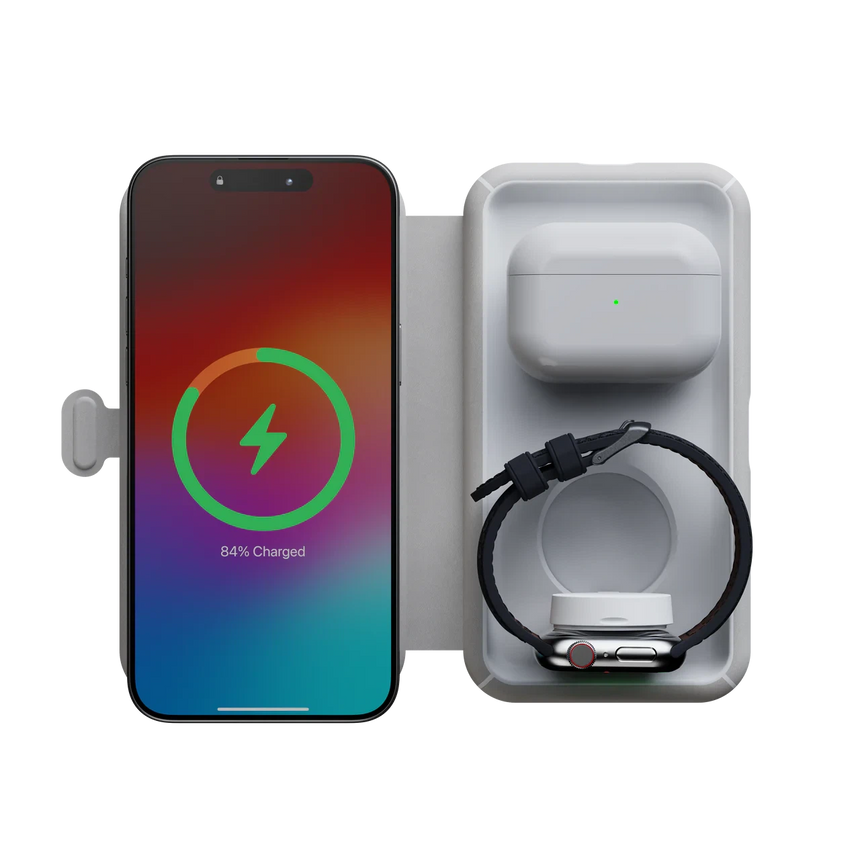Xtorm Foldable Wireless Travel Charger 3-in-1 - Phone, Watch & Earphones Connected Top View
