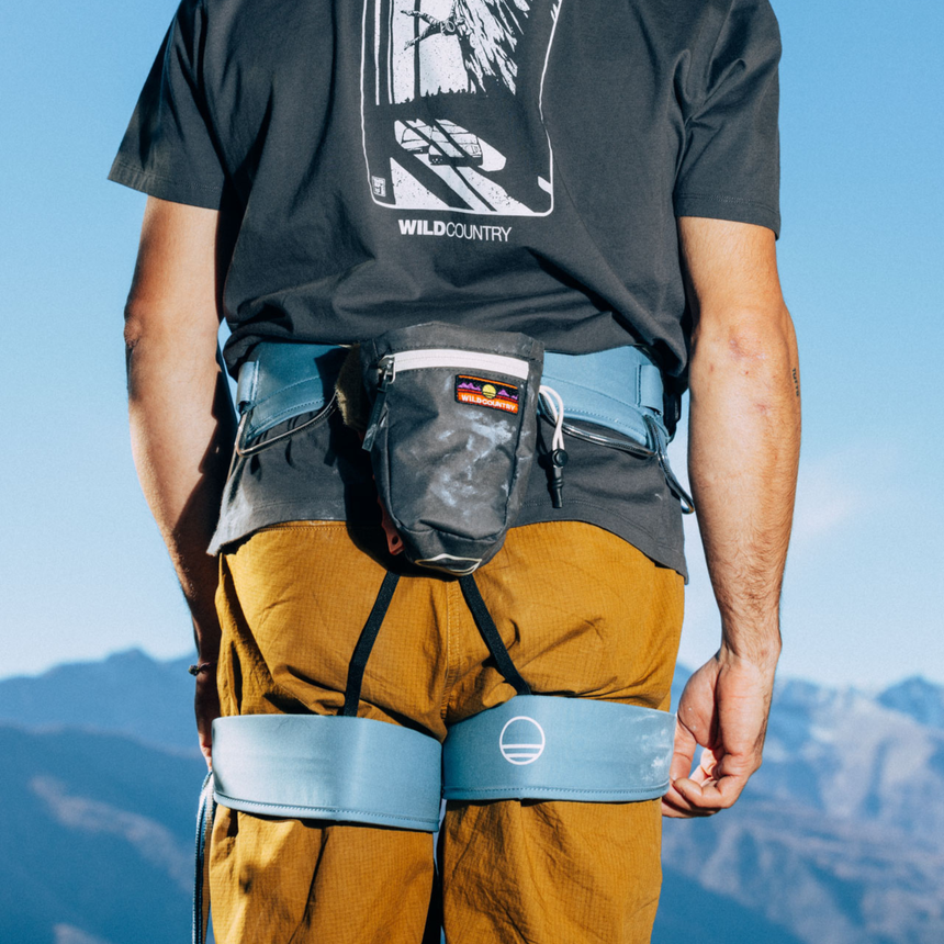 Wild Country Climbng Flow 2.0 Men's Harness Outdoor Action Deepwater/Black - Product In Use