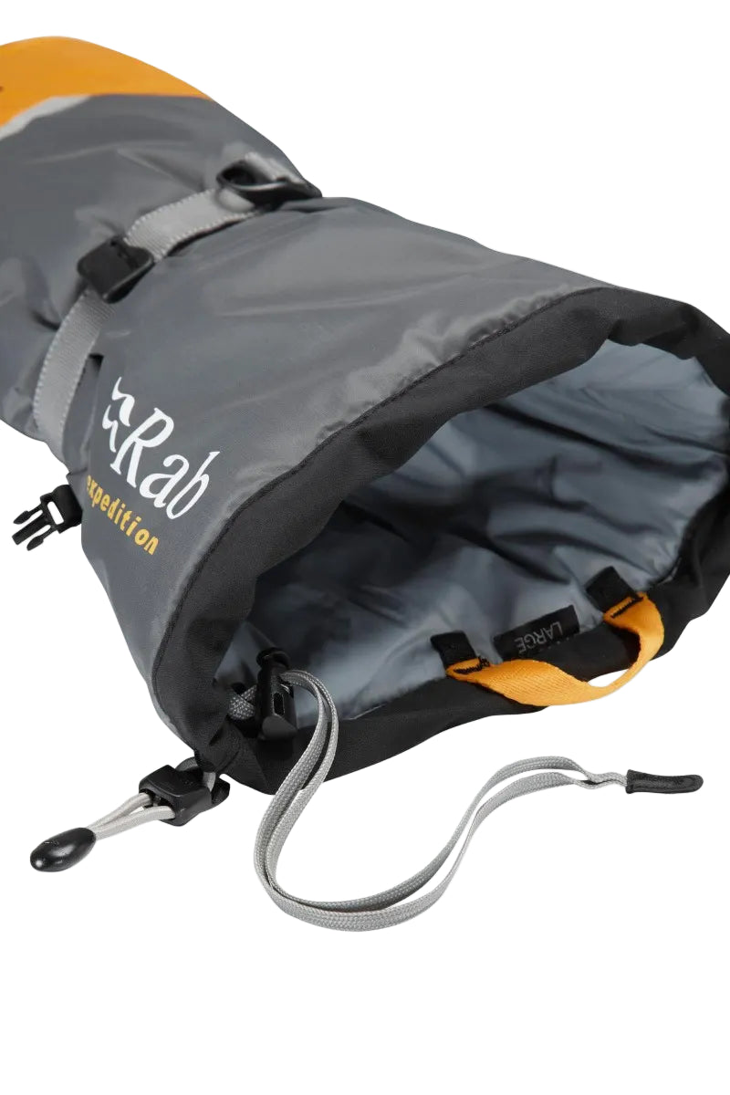 Grey and orange jacket with 'Rab' branding on a white background