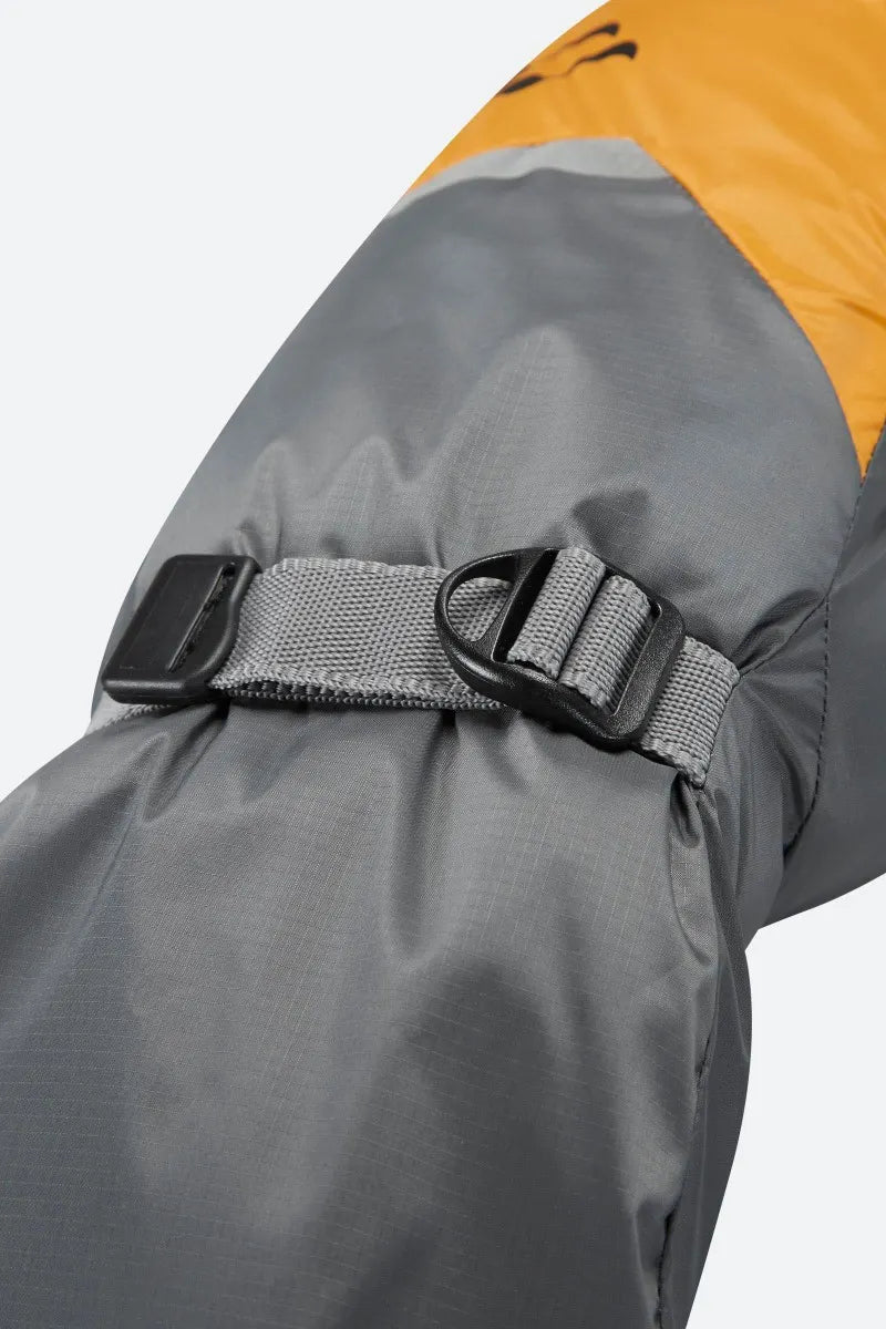 Close-up of a grey and orange jacket with a black buckle on a white background