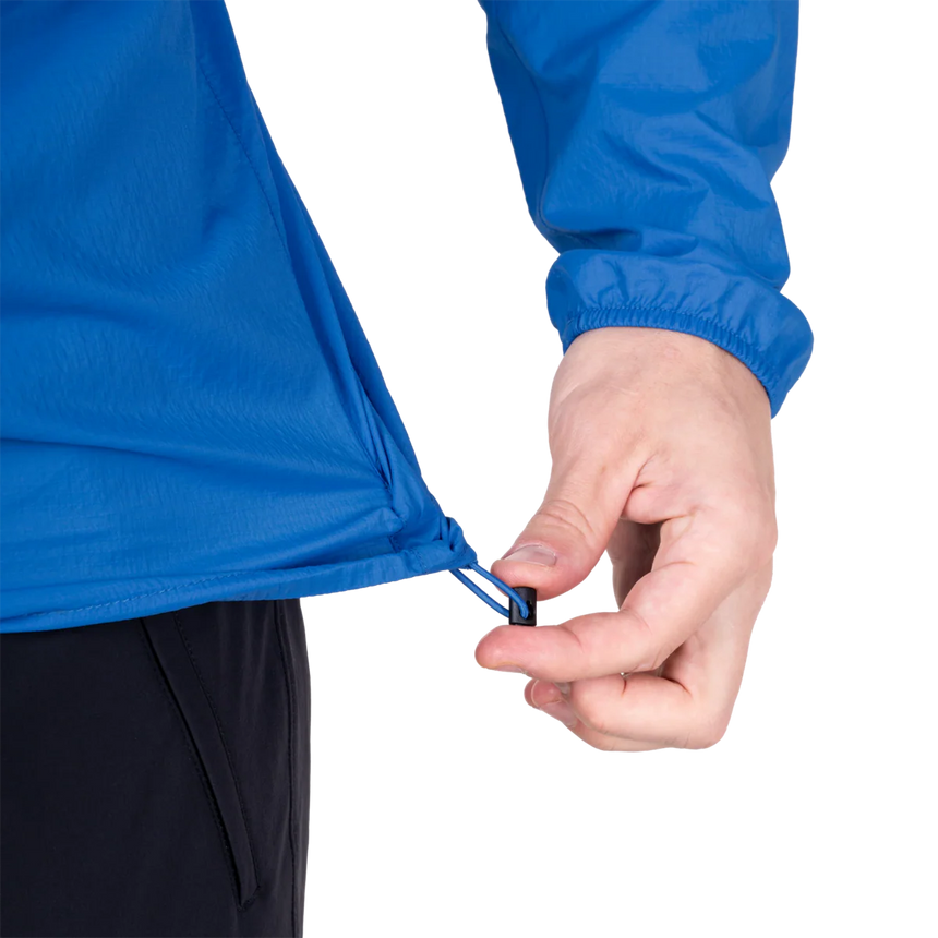Low bulk elasticated cuff detail on Mountain Equipment Aerofoil Hooded Men's Jacket in Atlantic Blue