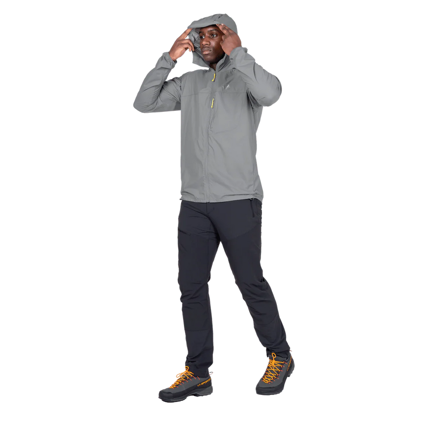 Mountain Equipment Aerofoil Hooded Men's Jacket in Tufa - hood up showing elastane-bound hood with rear adjustment